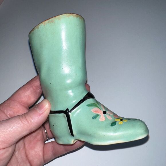 Vintage Ceramic Boot Decorative Collectible Miniature Shoe Green Floral Design - Picture 1 of 11